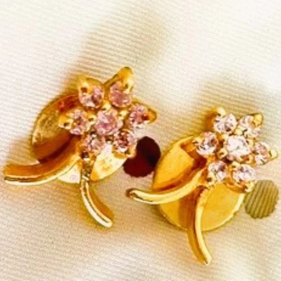 Unique Designer Goldplated Pink Zirconia Gemstone Floral Design Earring Set - Picture 3 of 5